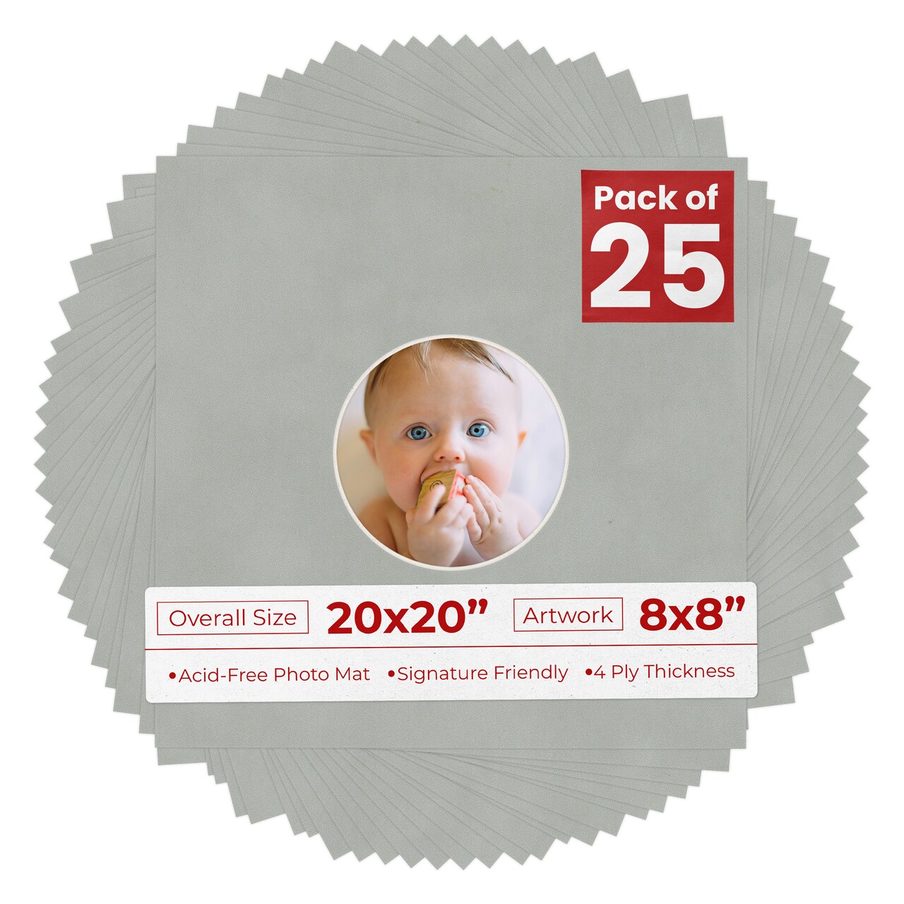 Light Grey Suede Mat Board for 20x20 Frames - Circle Opening for 8x8 Photos